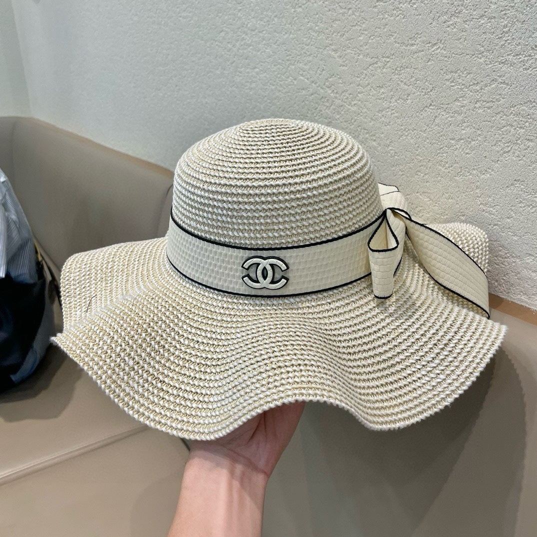 Ruffled pearl style wide brim hat