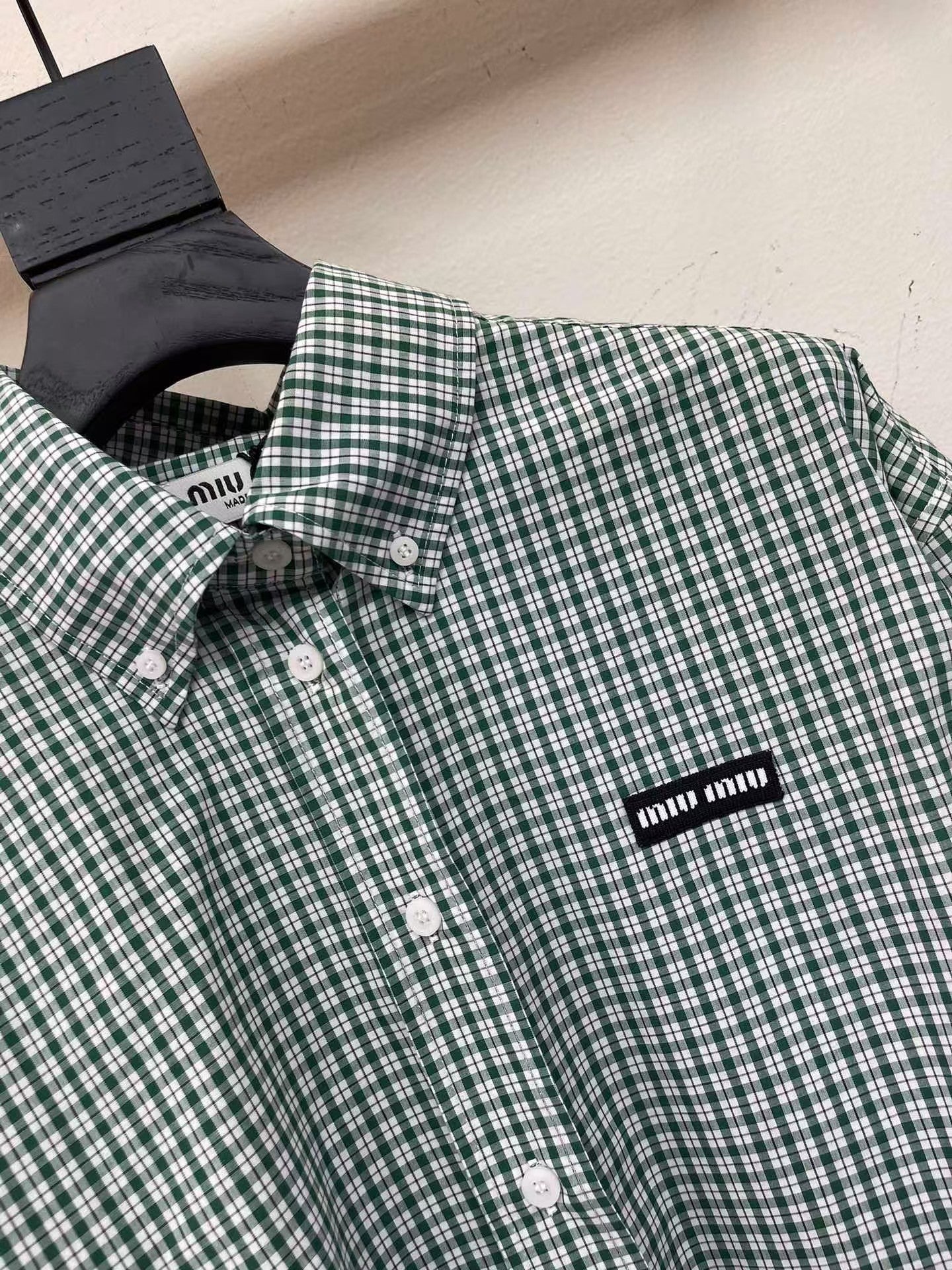 Green Check Lapel Cropped Long Sleeve Shirt