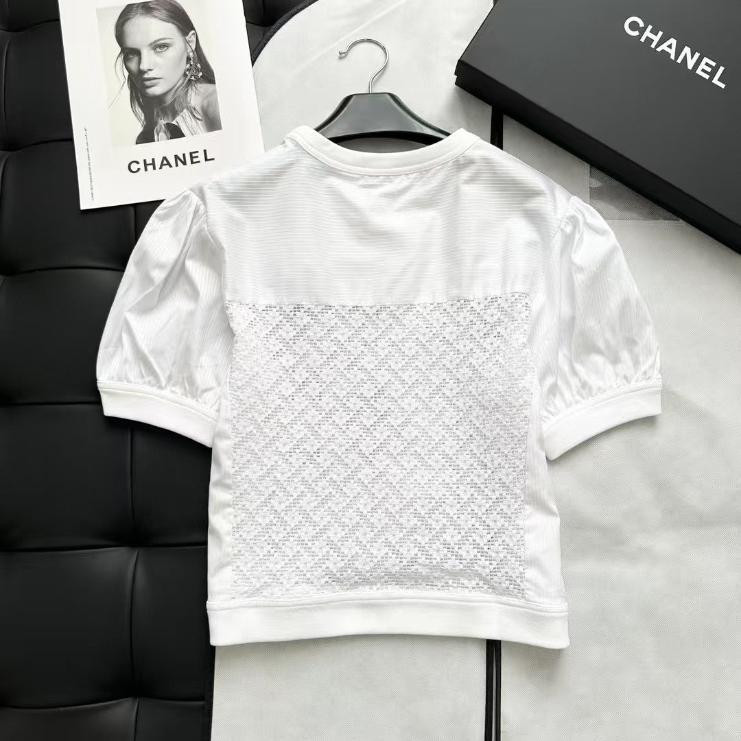 Heavy hollow embroidery puff sleeve striped top