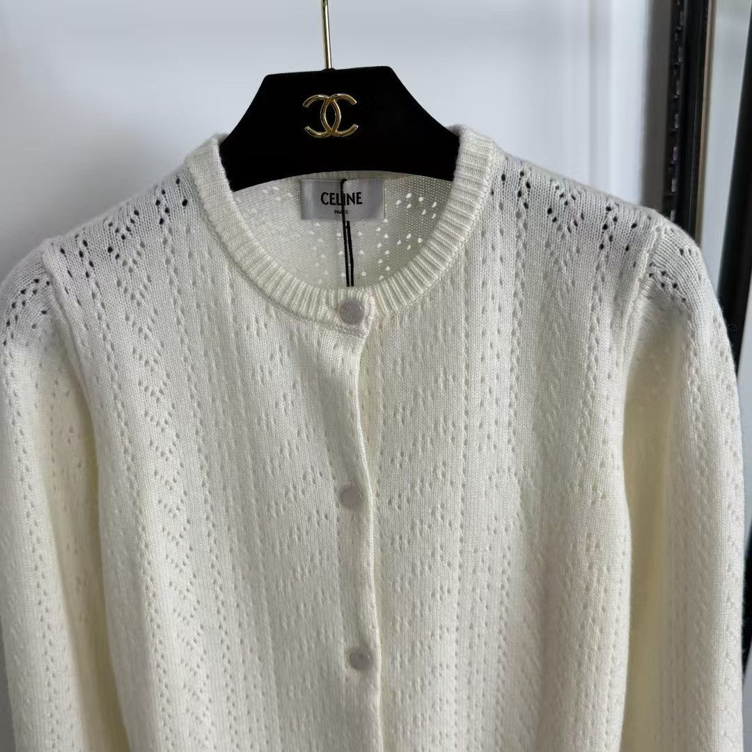 Hollow long-sleeved wool knit cardigan