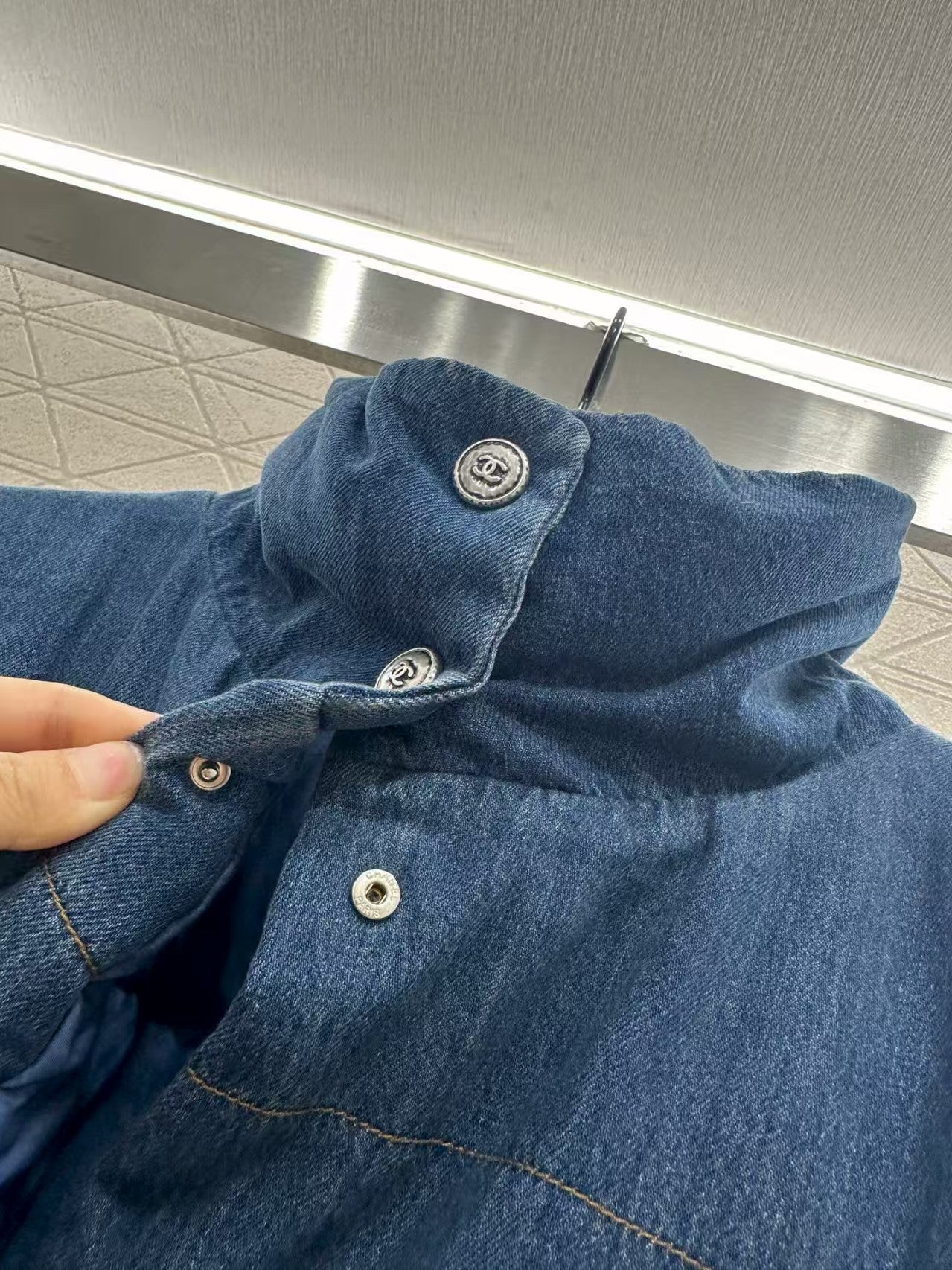 Denim stand collar snap button down jacket