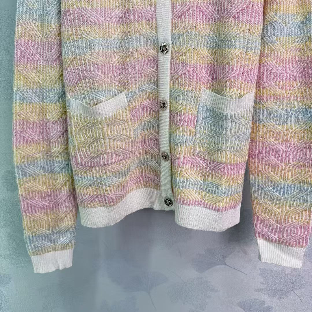 2025 Early Autumn New Color Striped Crochet V-Neck Cardigan