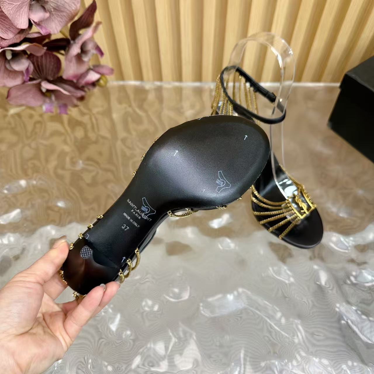 Black patent leather chain high-heeled sandals