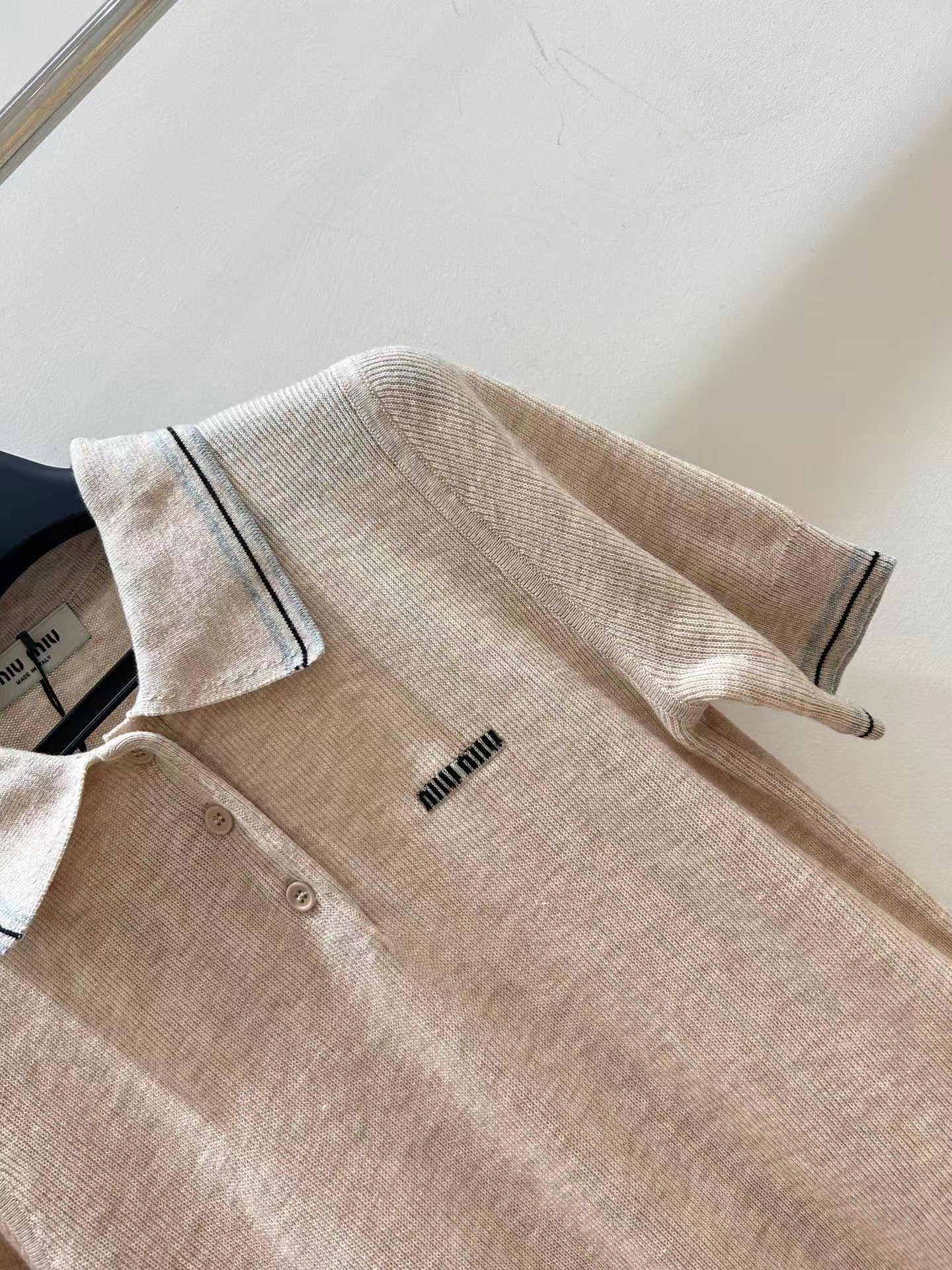 Preppy style collared knit short-sleeved top