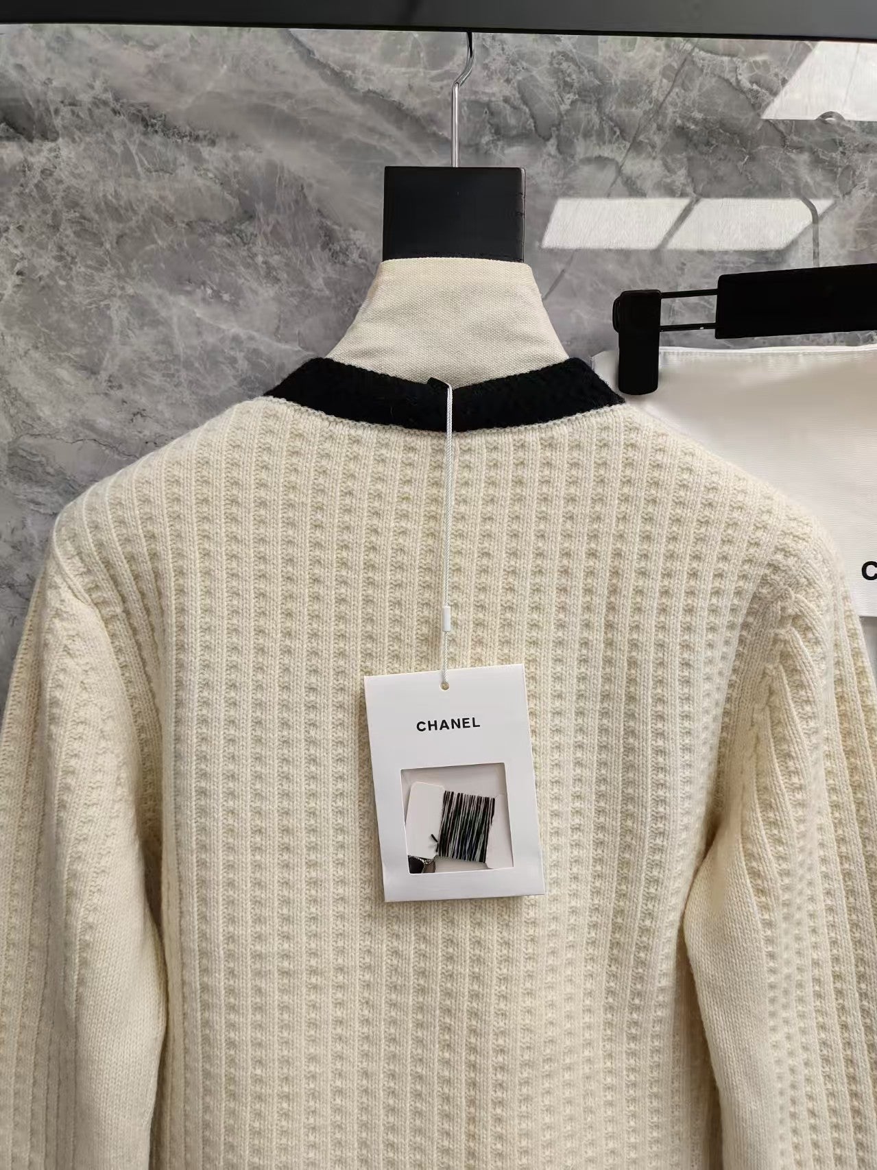 Black and white color-blocked wool knit cardigan