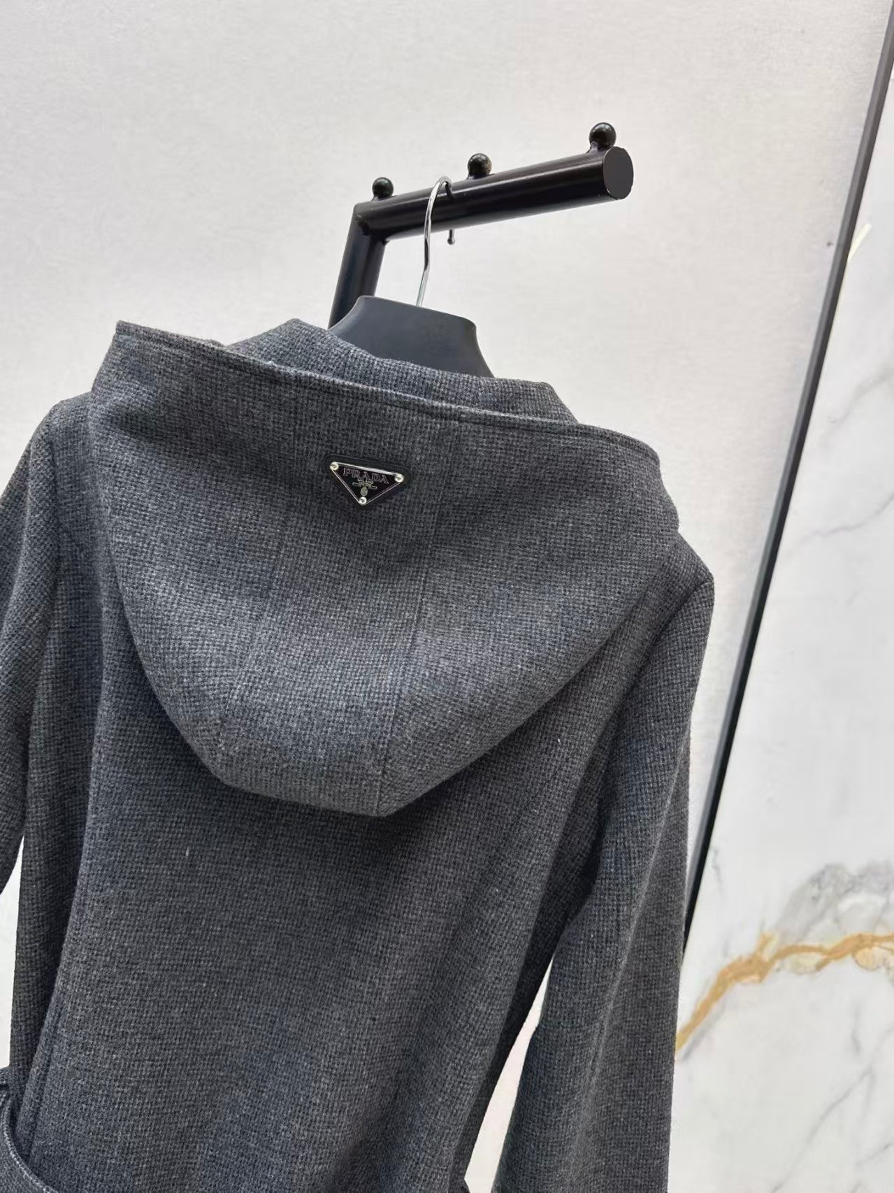 Double-brebreasted hooded wool trench coat