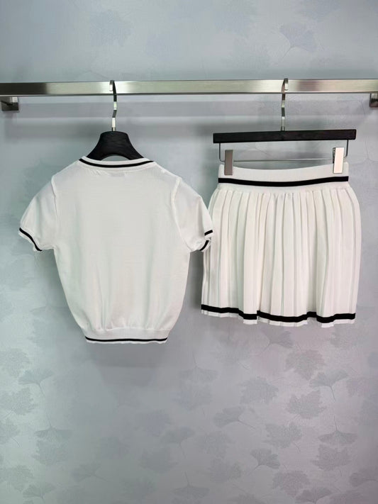 26SS Crewneck Short-Sleeve Top + Pleated Skirt Set