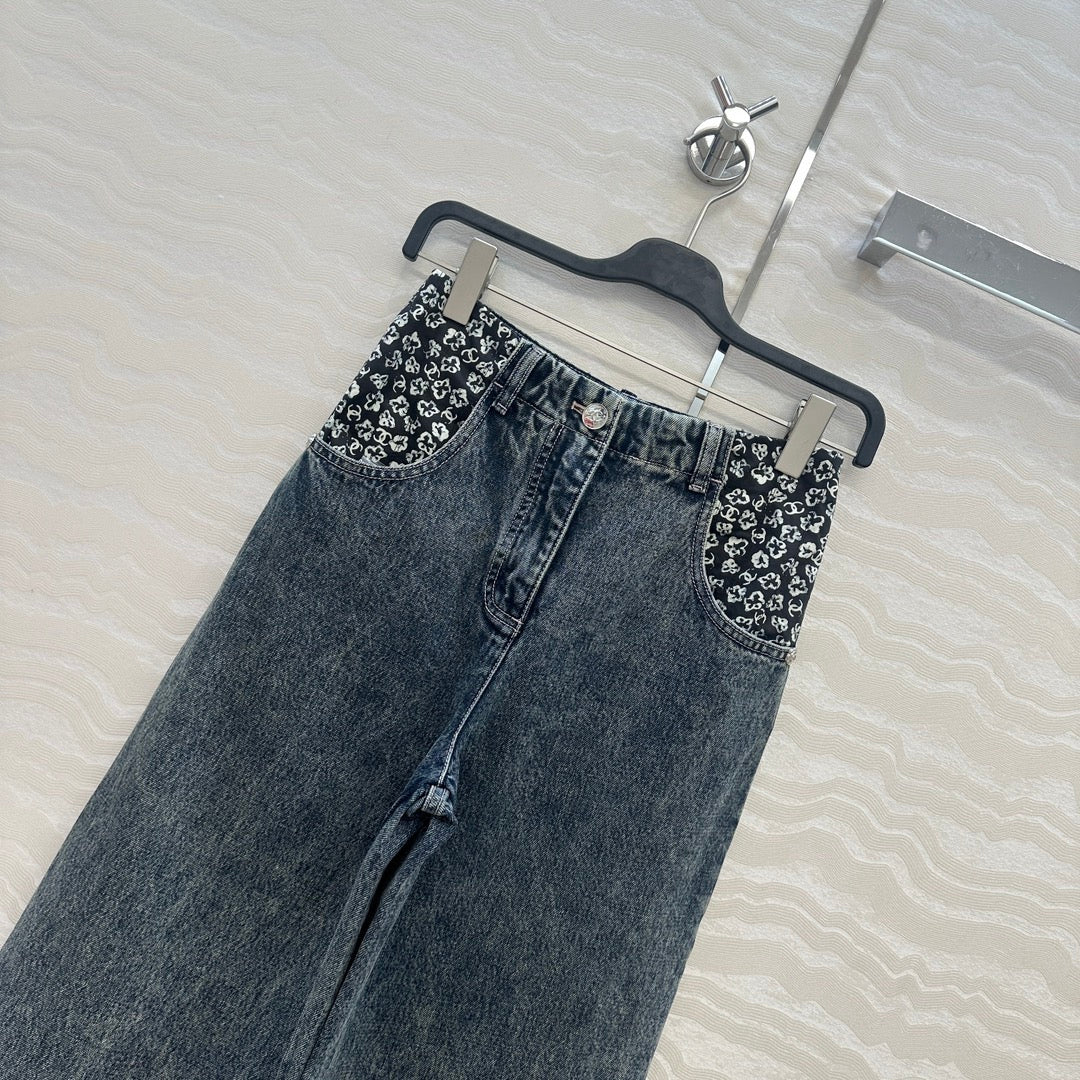 Colorful printed spliced wide leg straight leg jeans