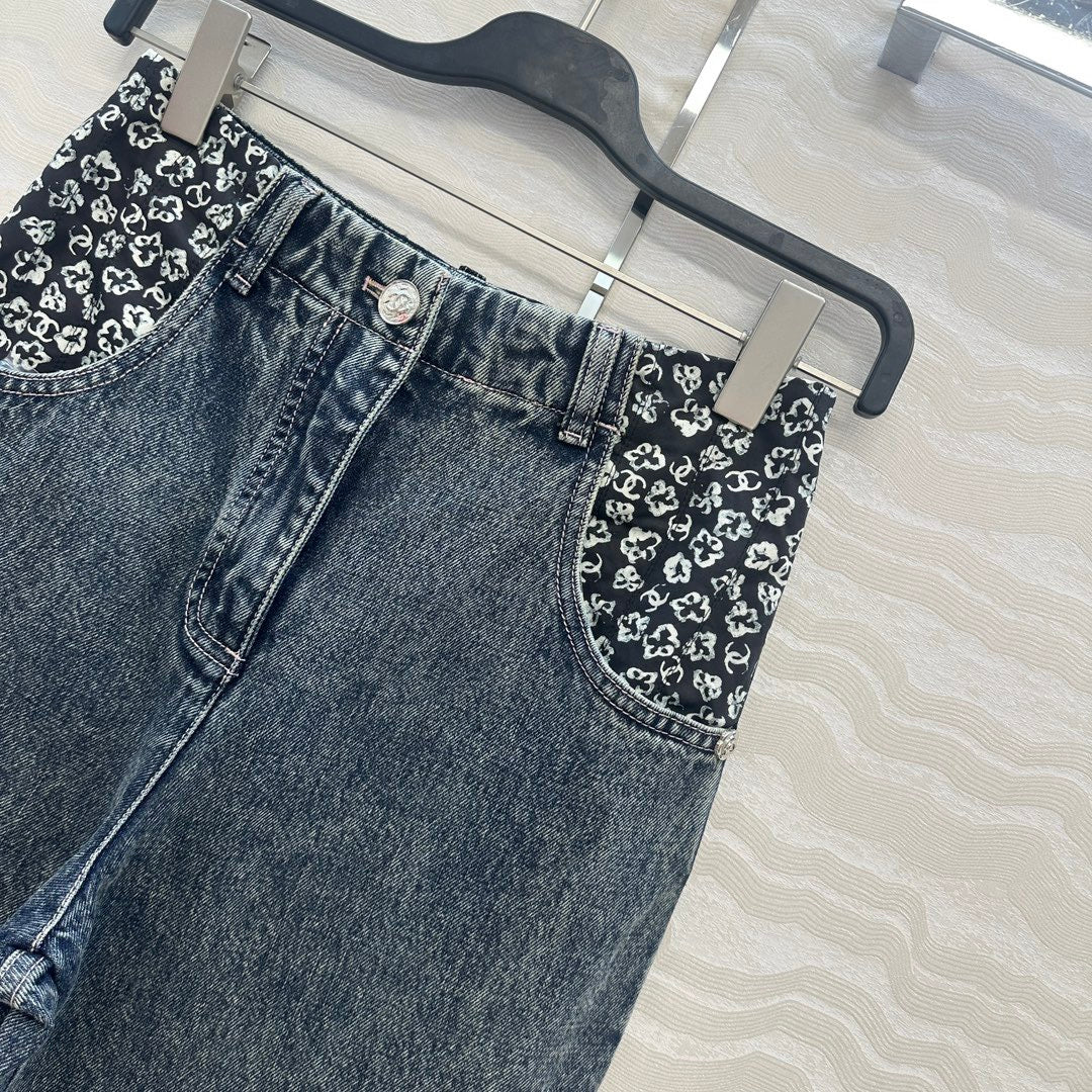 Colorful printed spliced wide leg straight leg jeans