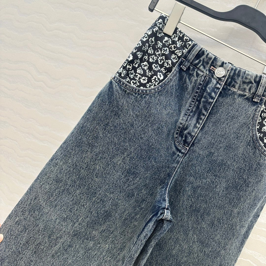 Colorful printed spliced wide leg straight leg jeans