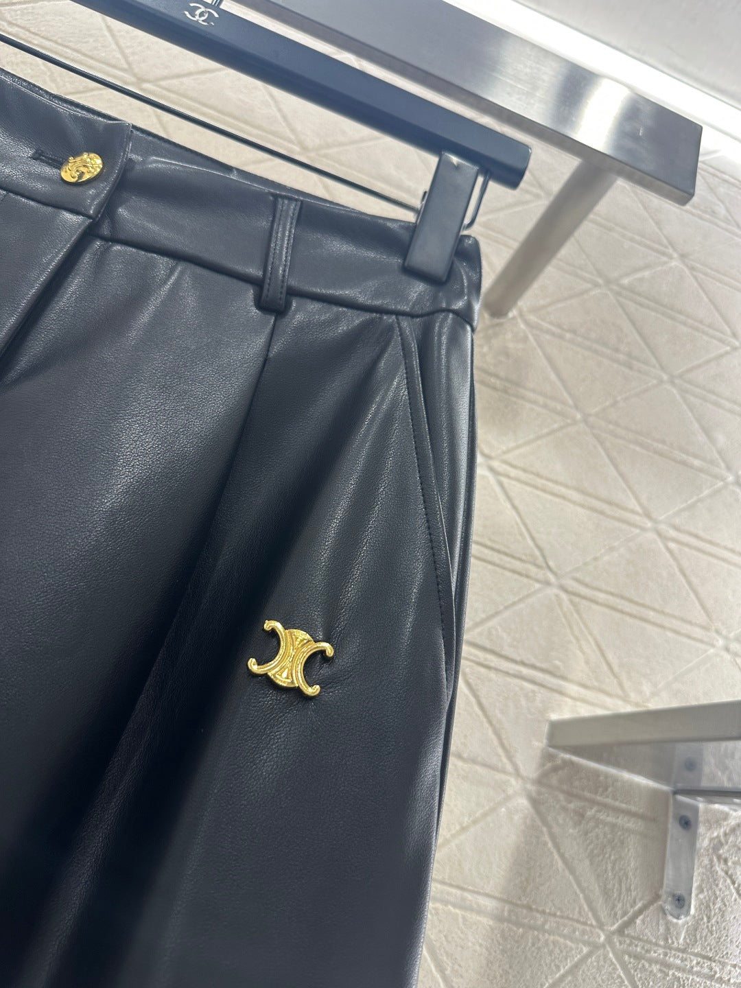 Logo-embossed wide-leg straight leather pants