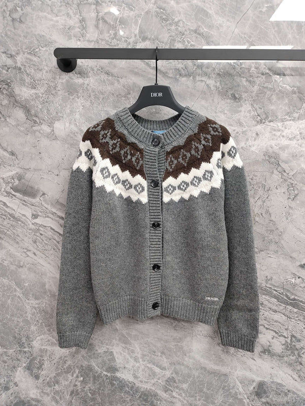 Fel Island style diamond patterned wool cardigan