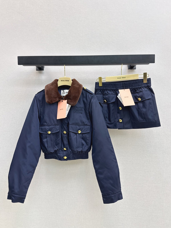 Flip collar short waist cinching jacket+half skirt