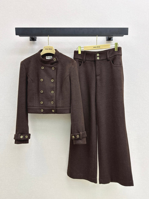 Temperament set with round neck jacket and wide leg pants