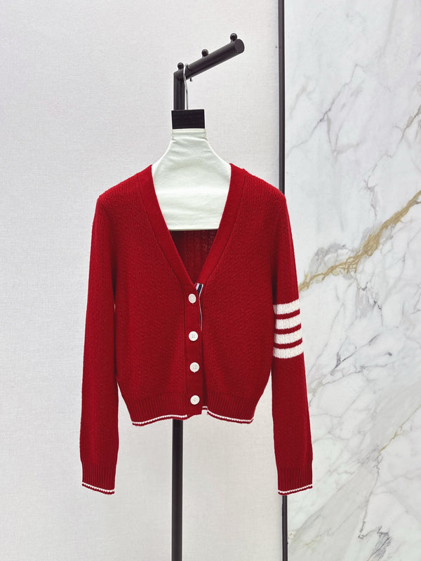 Red lazy V-neck wool cardigan