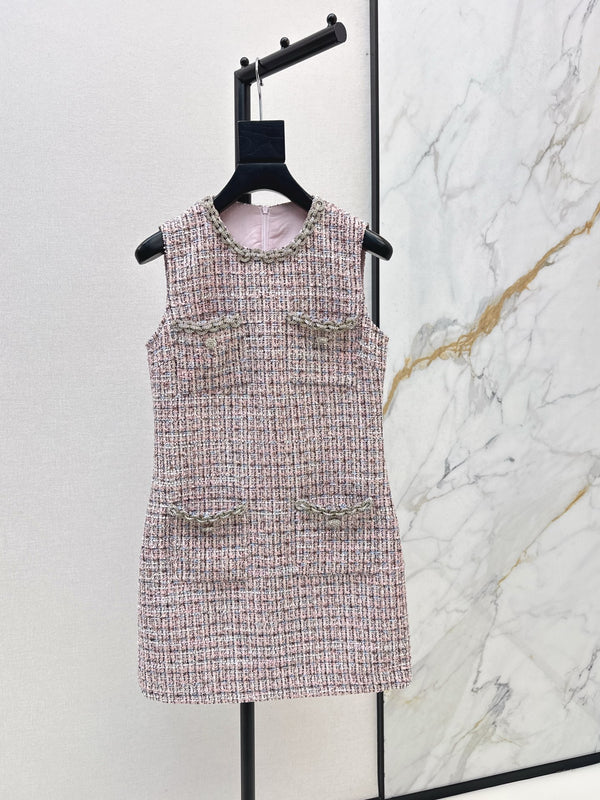 Diamond chain coarse tweed sleeveless dress