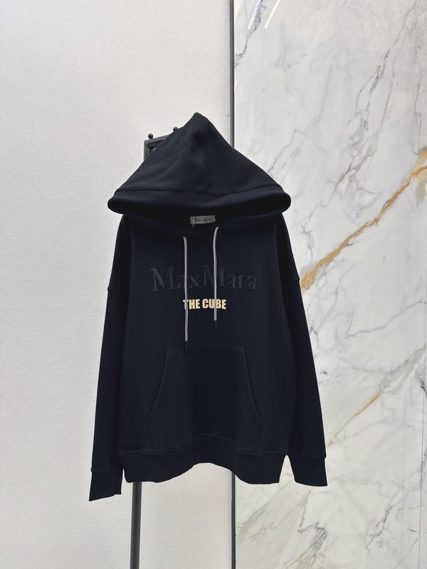 25Ss Latest Letter Embroidered Drawstring Hoodie Black