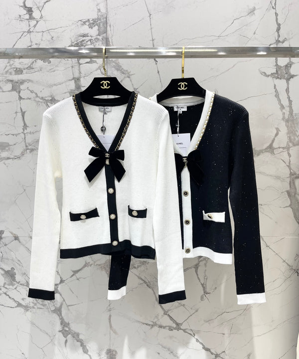 25 new bow V-neck knitted cardigan