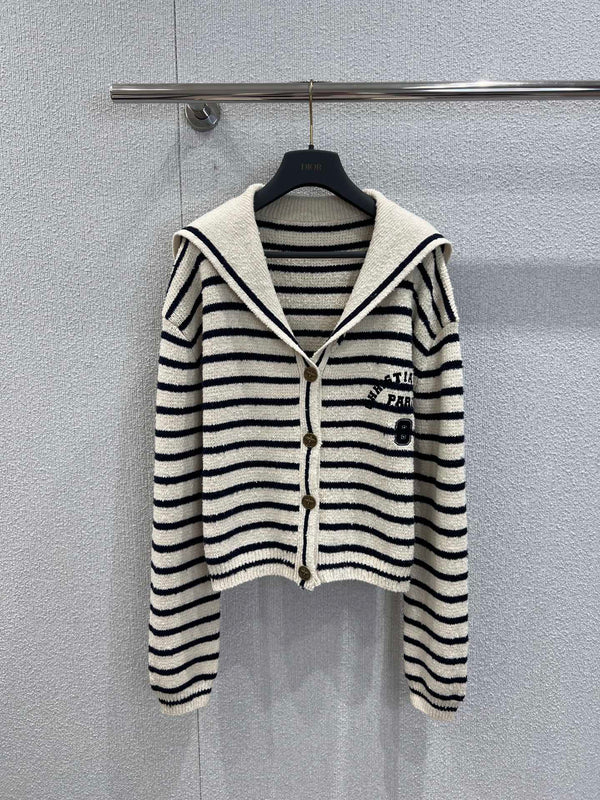 26Ss early spring new striped embroidered navy neck knit sweater