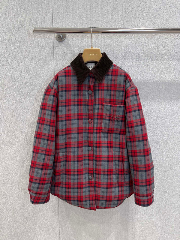 25FW autumn and winter new red plaid shirt style down jacket