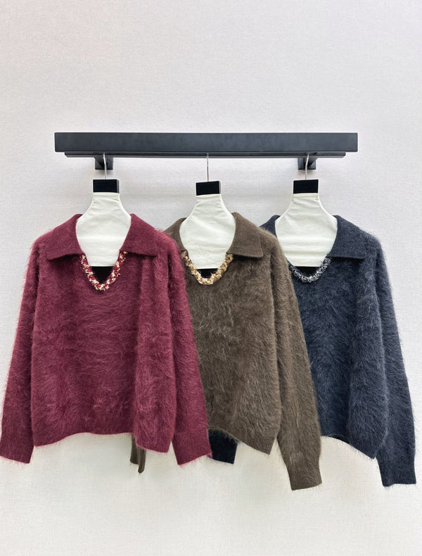 Sparkling woven decorative V-neck sweaterNew mixed color sweater