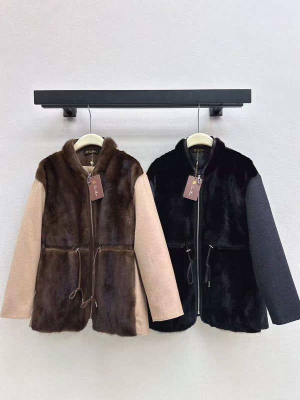 Mink spliced stand up collar mid length down jacket