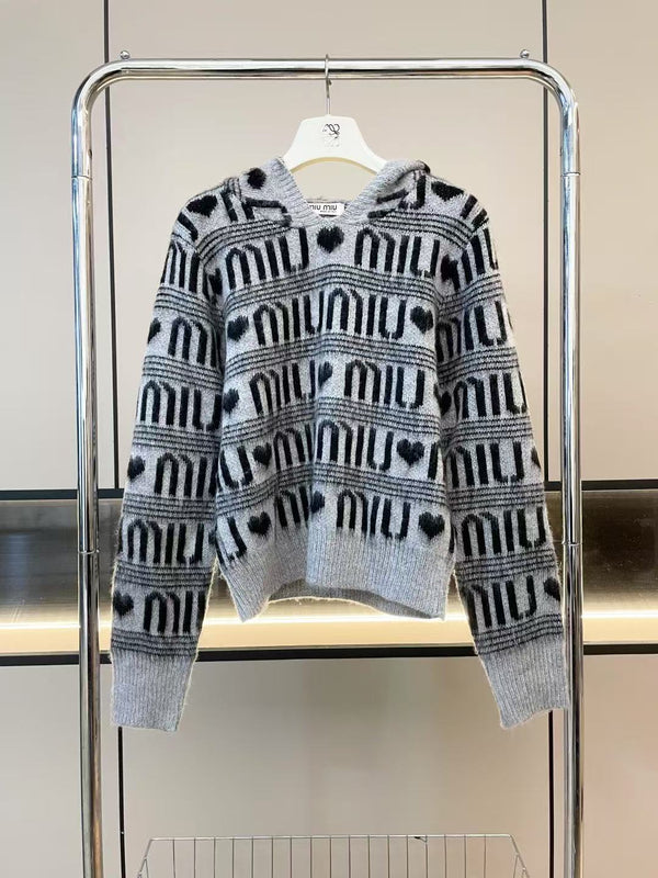 Jacquard full letter love mohair hooded sweater
