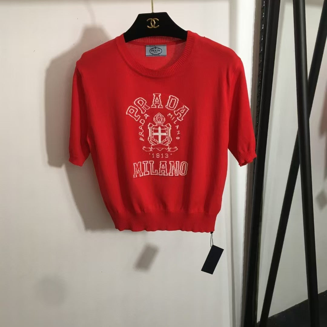 Lettered short-sleeved knitted T-shirt