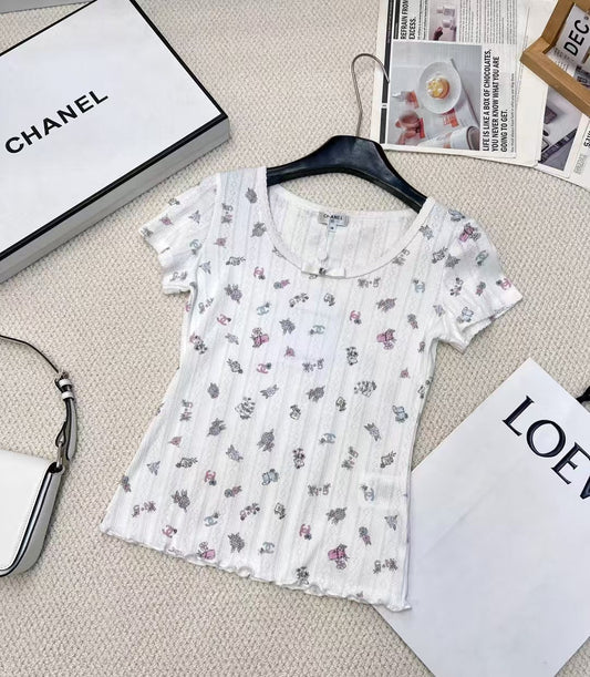 Camellia print fungus short sleeves