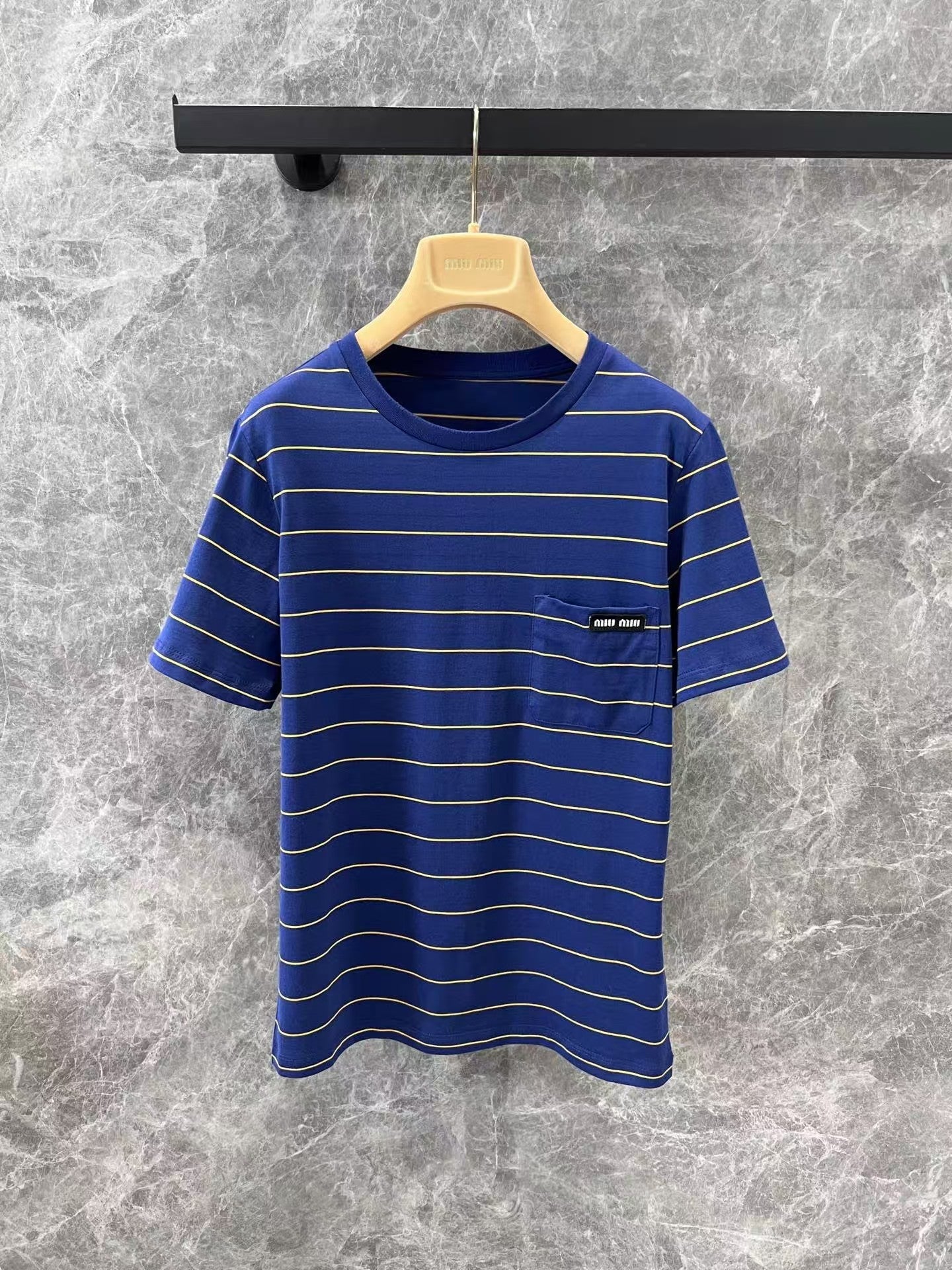 Micro-label blue striped round neck short-sleeved T-shirt