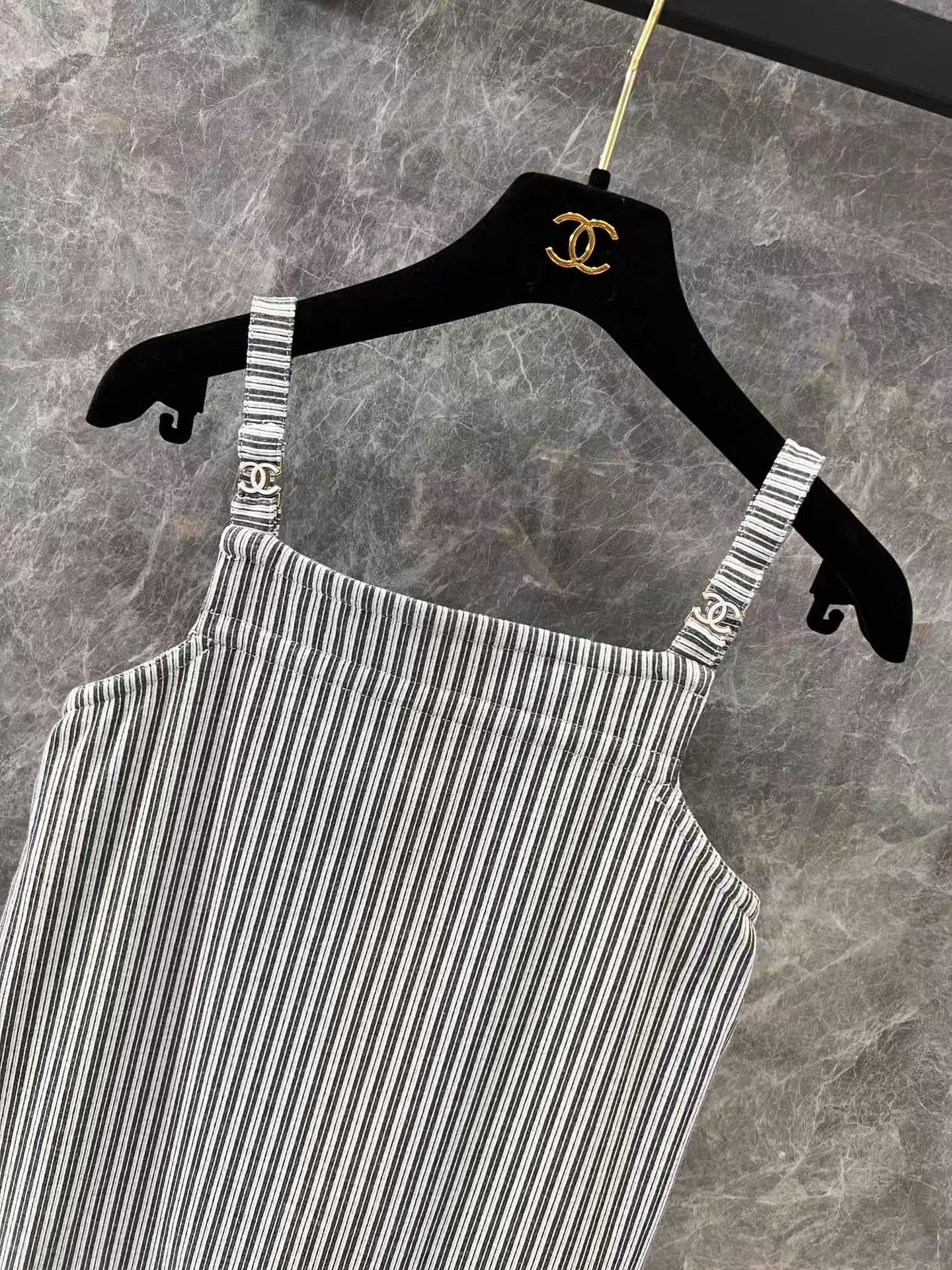 Metallic micro logo striped suspender skirt