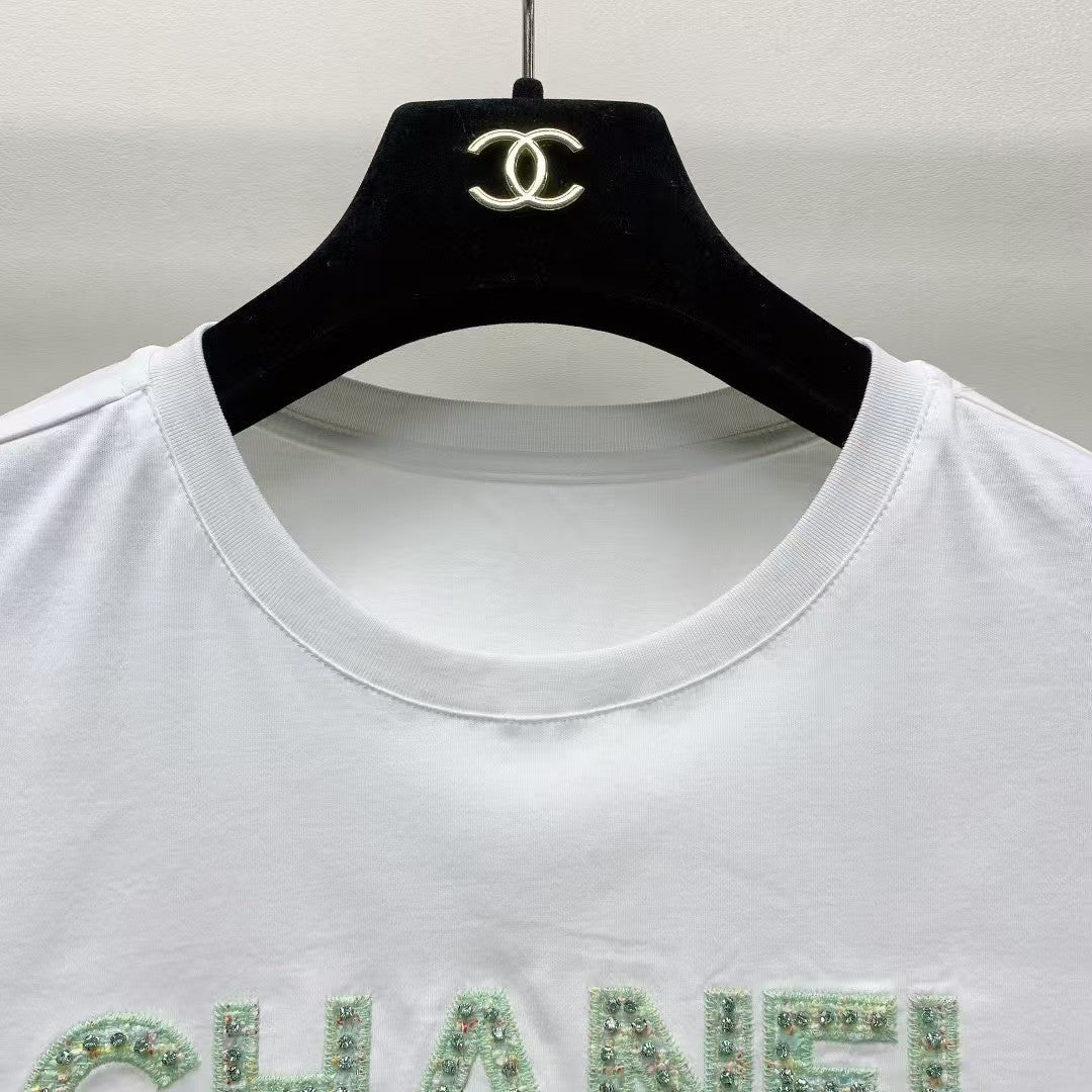 𝟐𝟓ss new style round neck rhinestone lettering pure cotton t-shirt