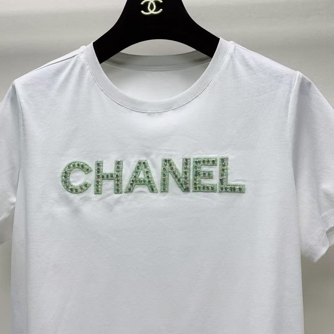 𝟐𝟓ss new style round neck rhinestone lettering pure cotton t-shirt