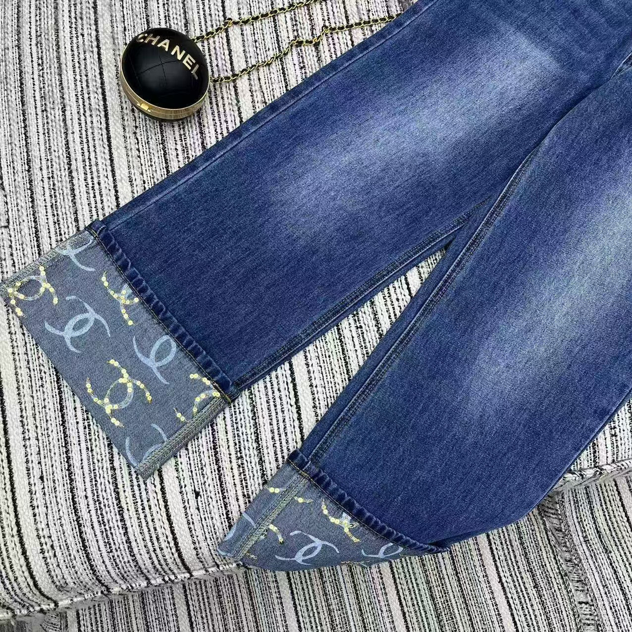 25 Early Spring Logo Print Sequined Denim Straight Leg Pants