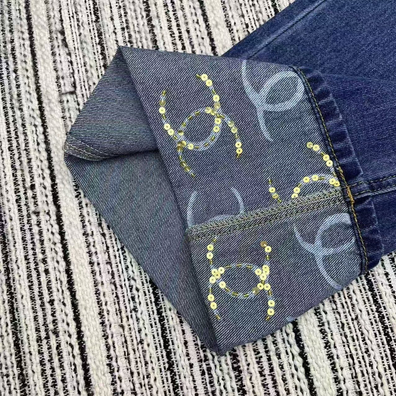 25 Early Spring Logo Print Sequined Denim Straight Leg Pants