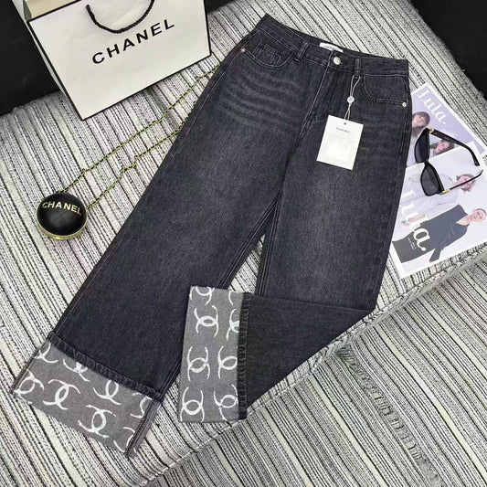 25 Early Spring Logo Print Sequined Denim Straight Leg Pants