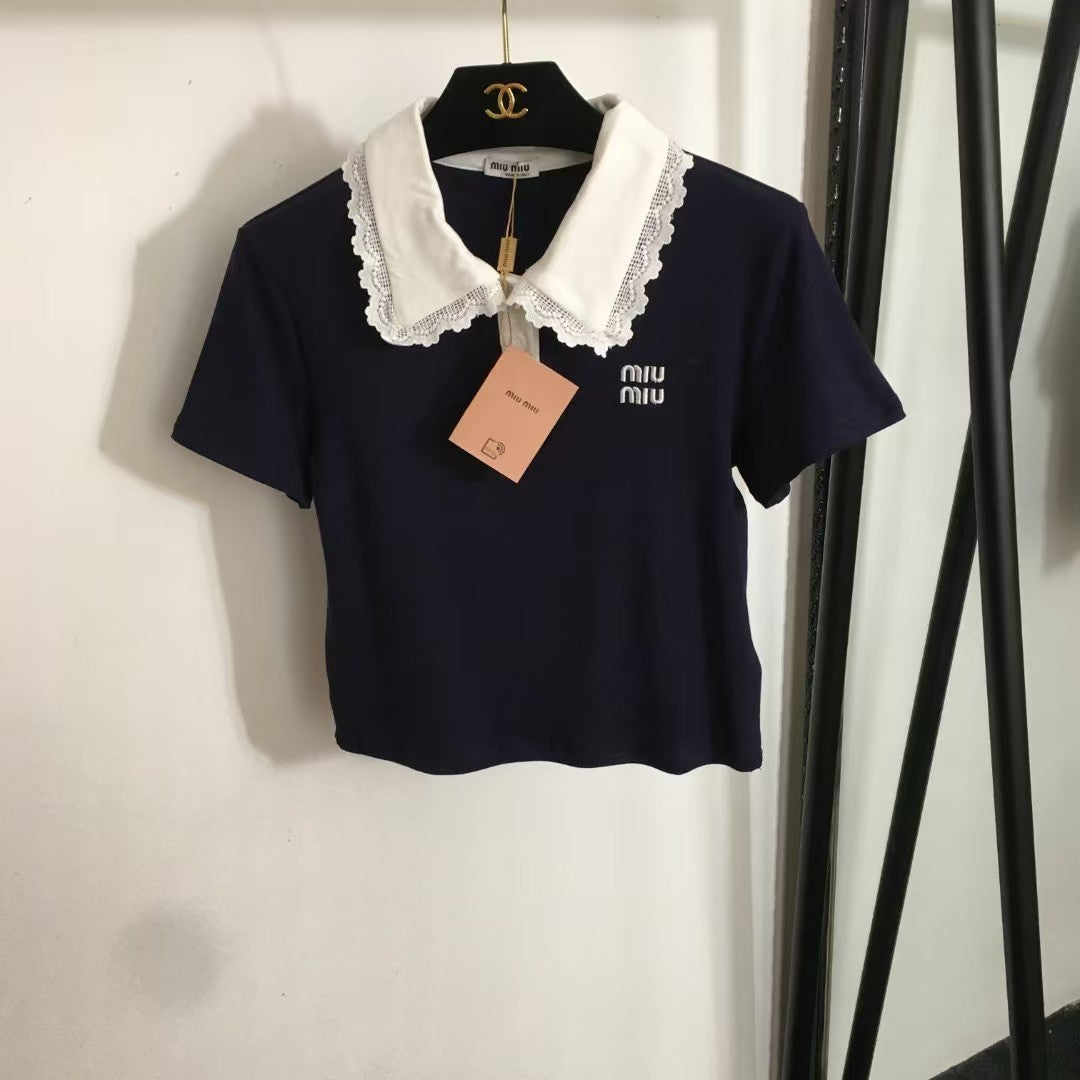 25 new simple logo embroidery color matching lace lapel short sleeves