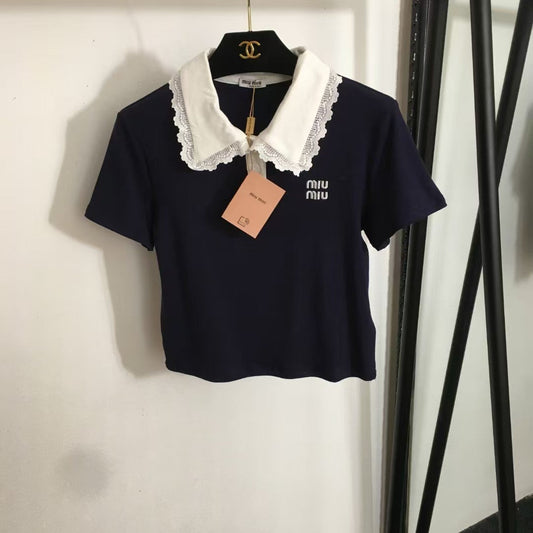 25 new simple logo embroidery color matching lace lapel short sleeves