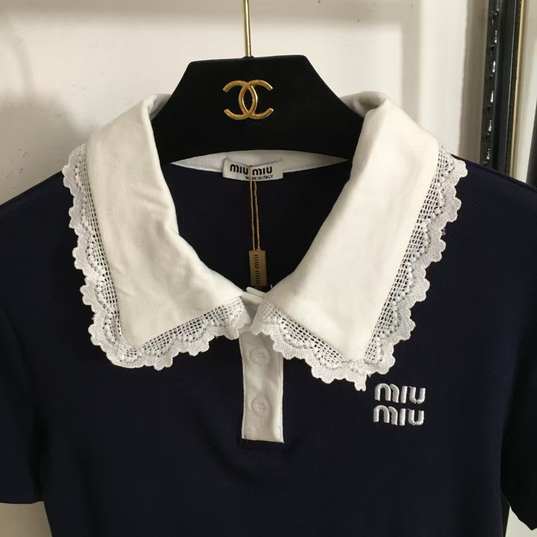 25 new simple logo embroidery color matching lace lapel short sleeves