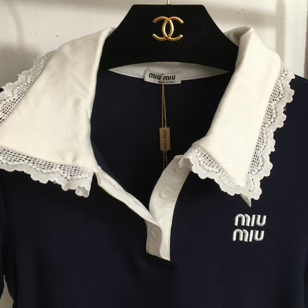 25 new simple logo embroidery color matching lace lapel short sleeves