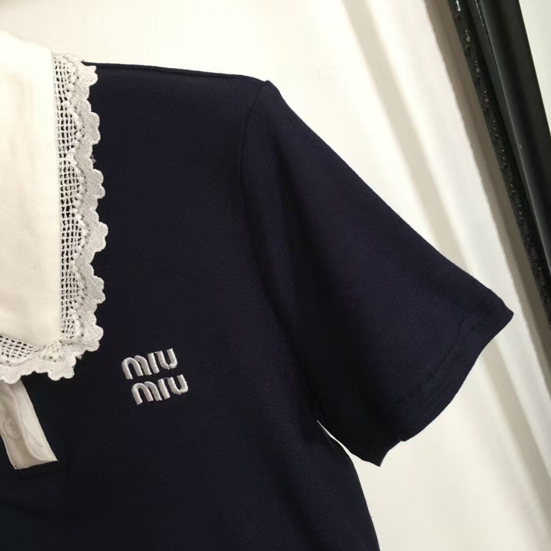 25 new simple logo embroidery color matching lace lapel short sleeves