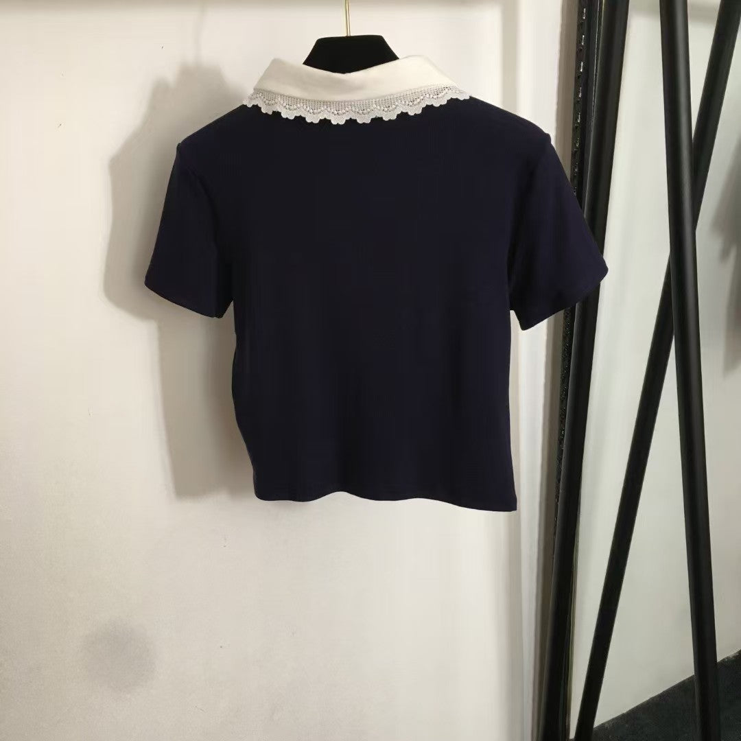 25 new simple logo embroidery color matching lace lapel short sleeves