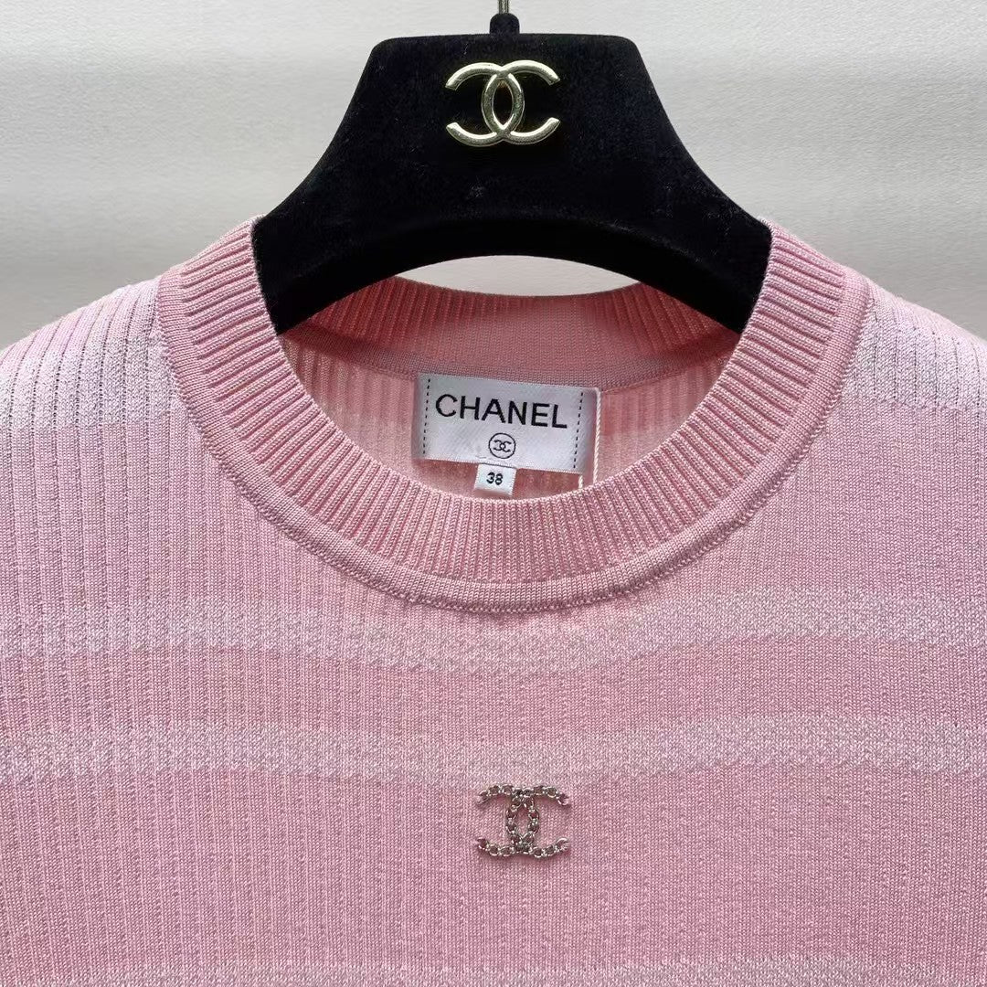 25 Spring and Summer New Round Neck Striped Knitted Sweater Short Sleeve