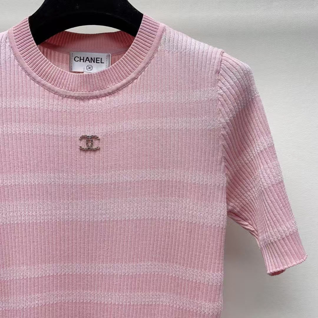 25 Spring and Summer New Round Neck Striped Knitted Sweater Short Sleeve