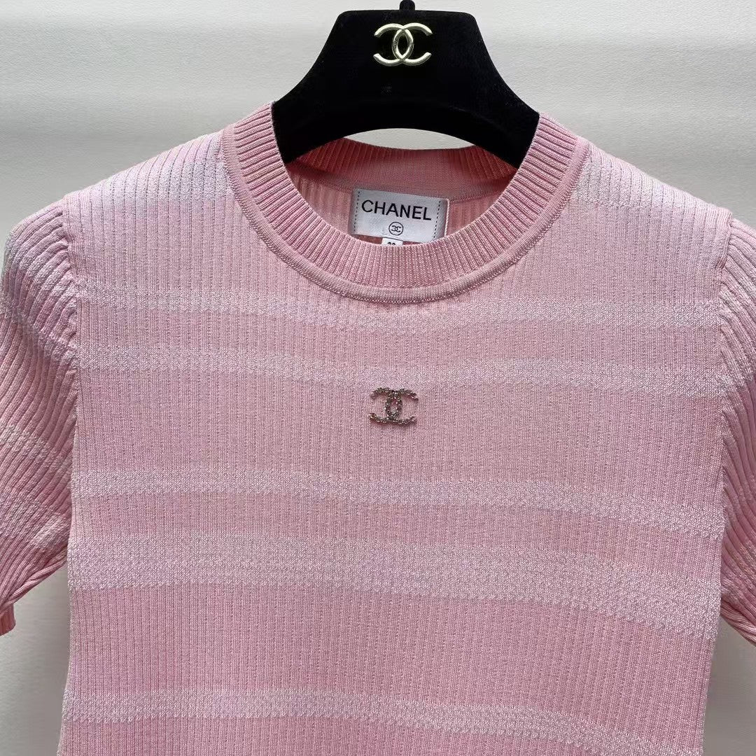 25 Spring and Summer New Round Neck Striped Knitted Sweater Short Sleeve