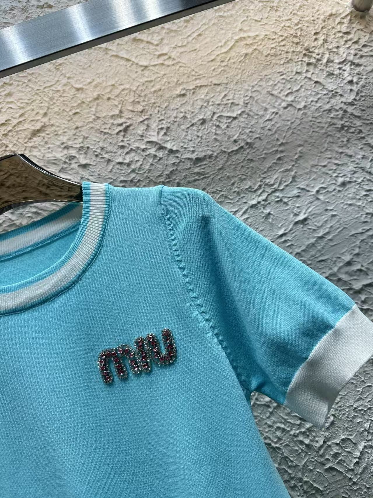 Color Diamond Letter Knitted Short Sleeves