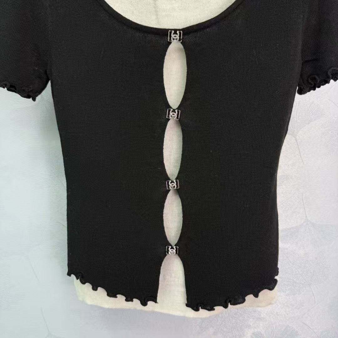 Fake two-piece hollow knit short sleeves