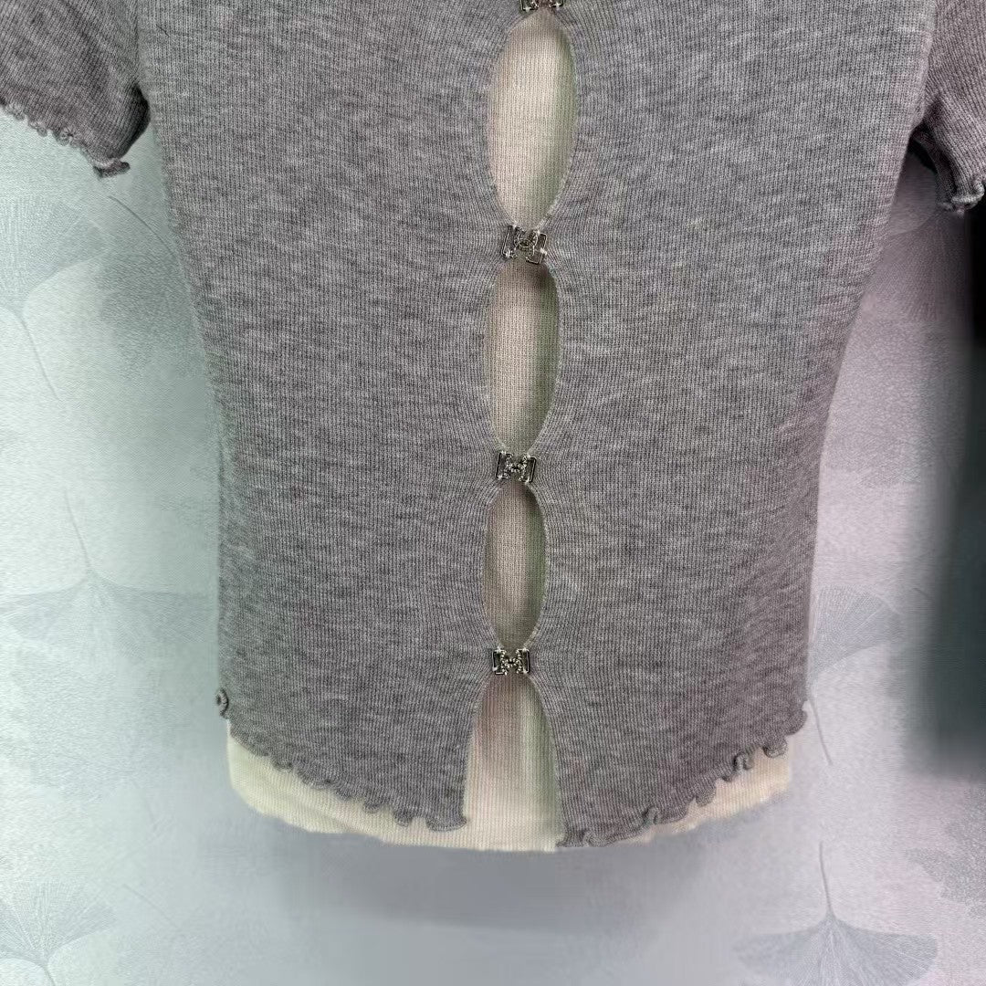 Fake two-piece hollow knit short sleeves