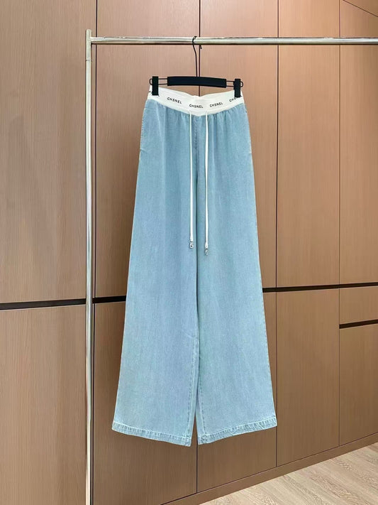 Contrast color drawstring panel Tencel jeans