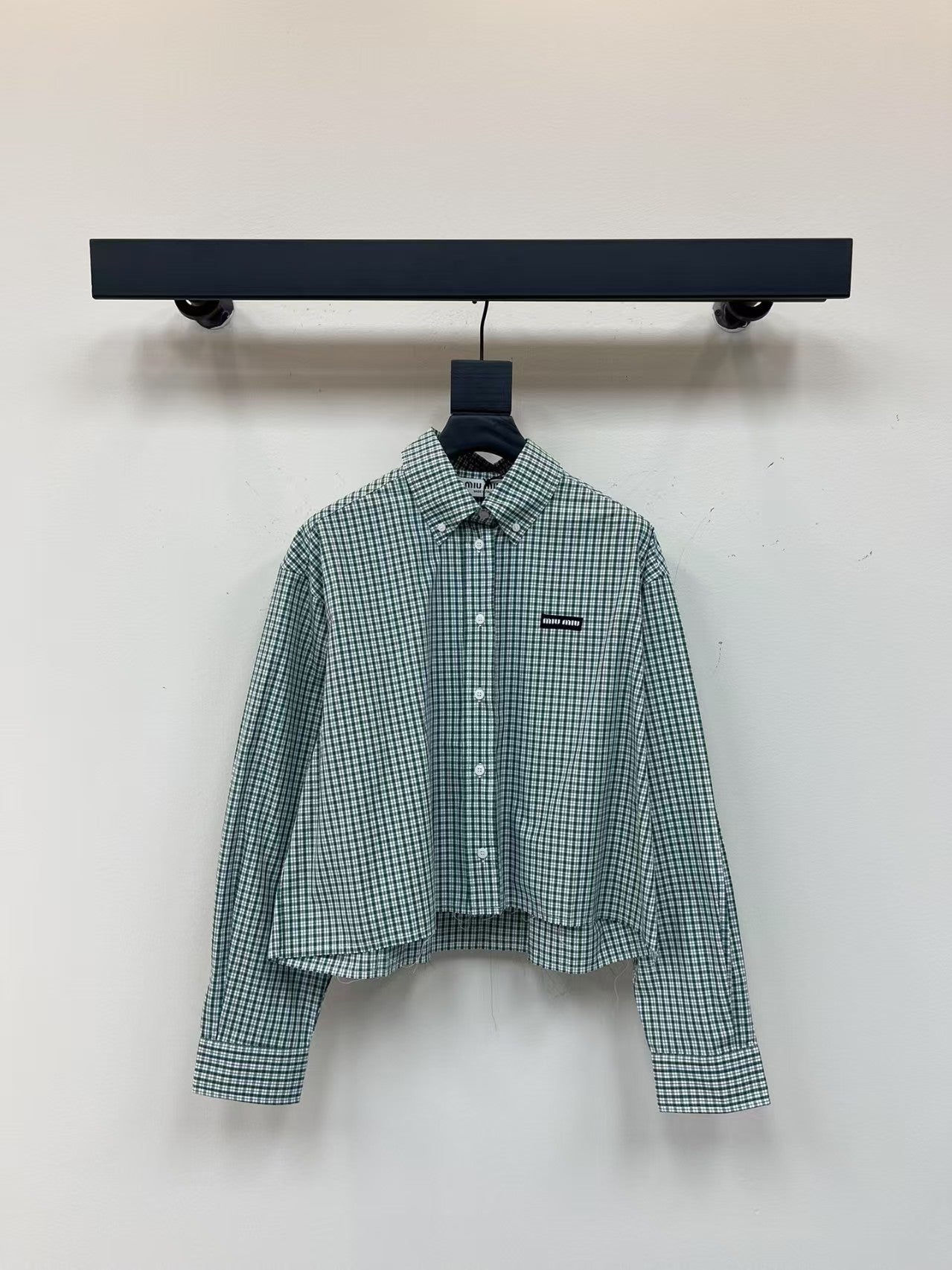 Green Check Lapel Cropped Long Sleeve Shirt